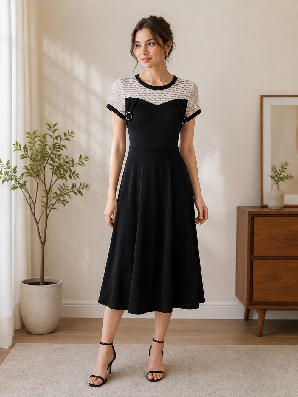 Black & White Sheer Mesh Fit & Flare Dress Gold Ring Detail Size S